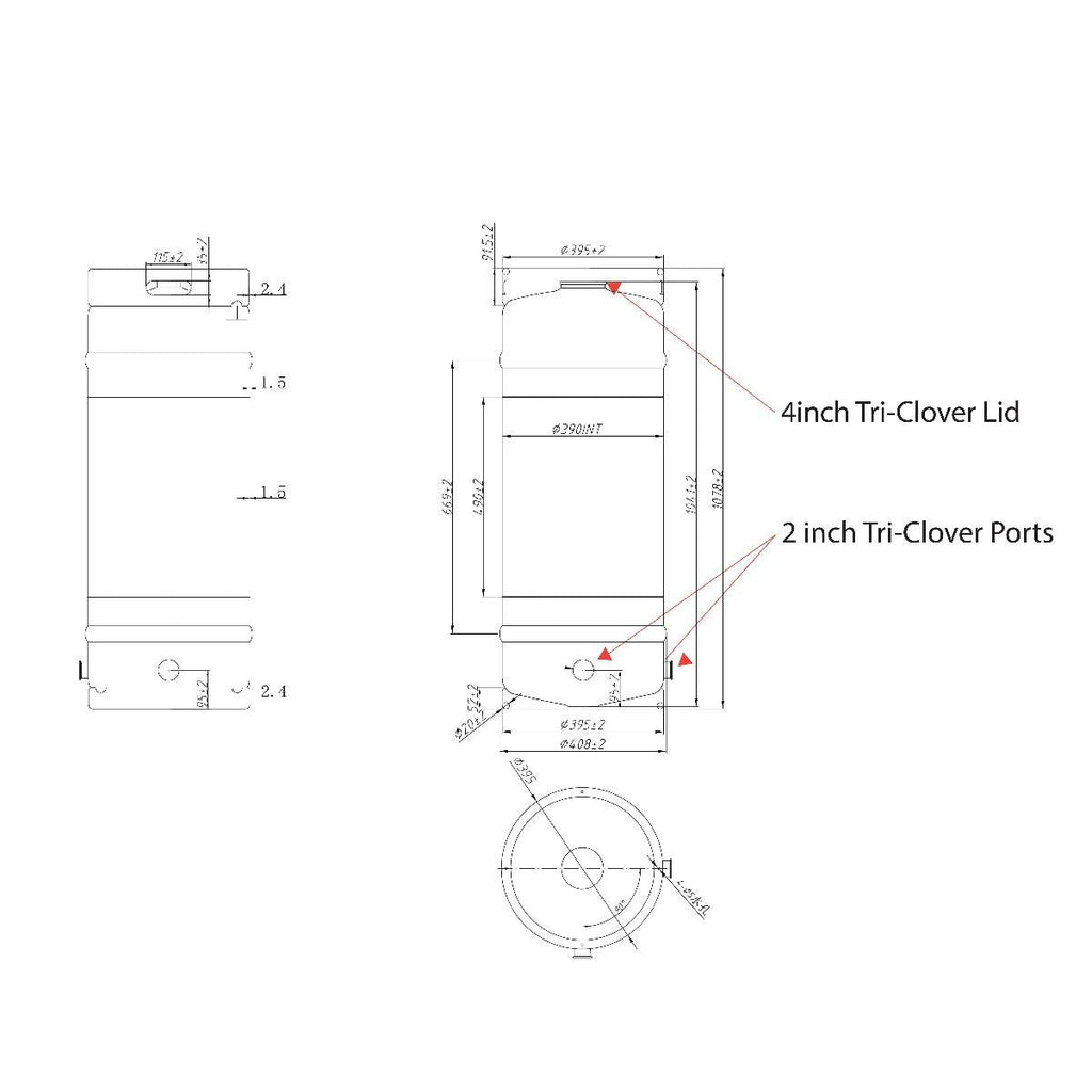 118L Kegmenter with 4inch Flat Lid , Airlock and 2inch end cap - KegLand