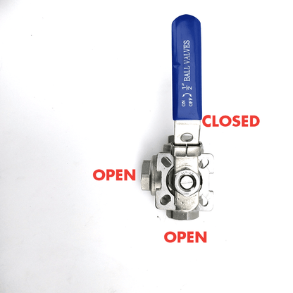 3 Way Ball Valve to 1/2' Threads (SS 304) - T Port Configuration - KegLand
