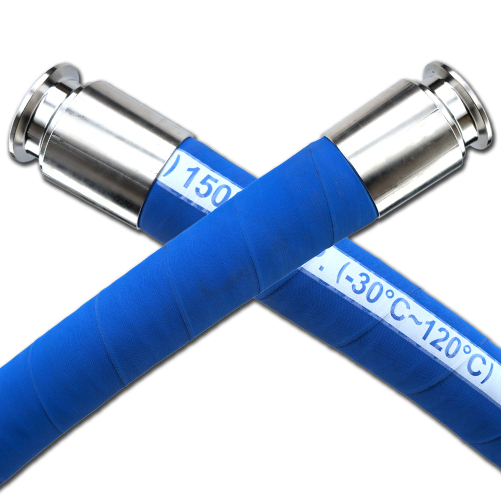 This 5m hose is equipped with a 2-inch Tri-Clover fitting on both ends. These are swaged to the hose to ensure a smooth bore that is capable of high pressures or vacuum.