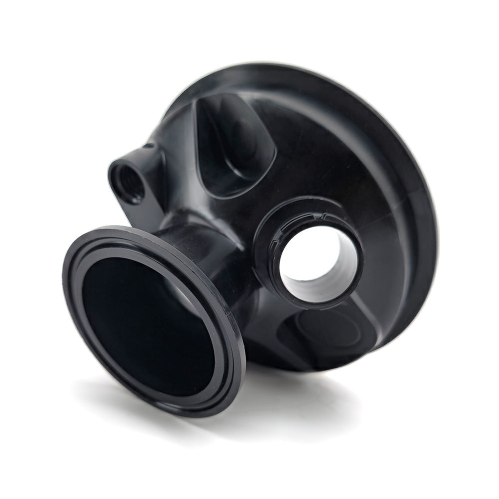 Reinforced Industrial Plastic 4 Inch TC pressure lid with 2 Inch TC port. Suits a 35psi RED Pressure relief valve and two carbonation caps