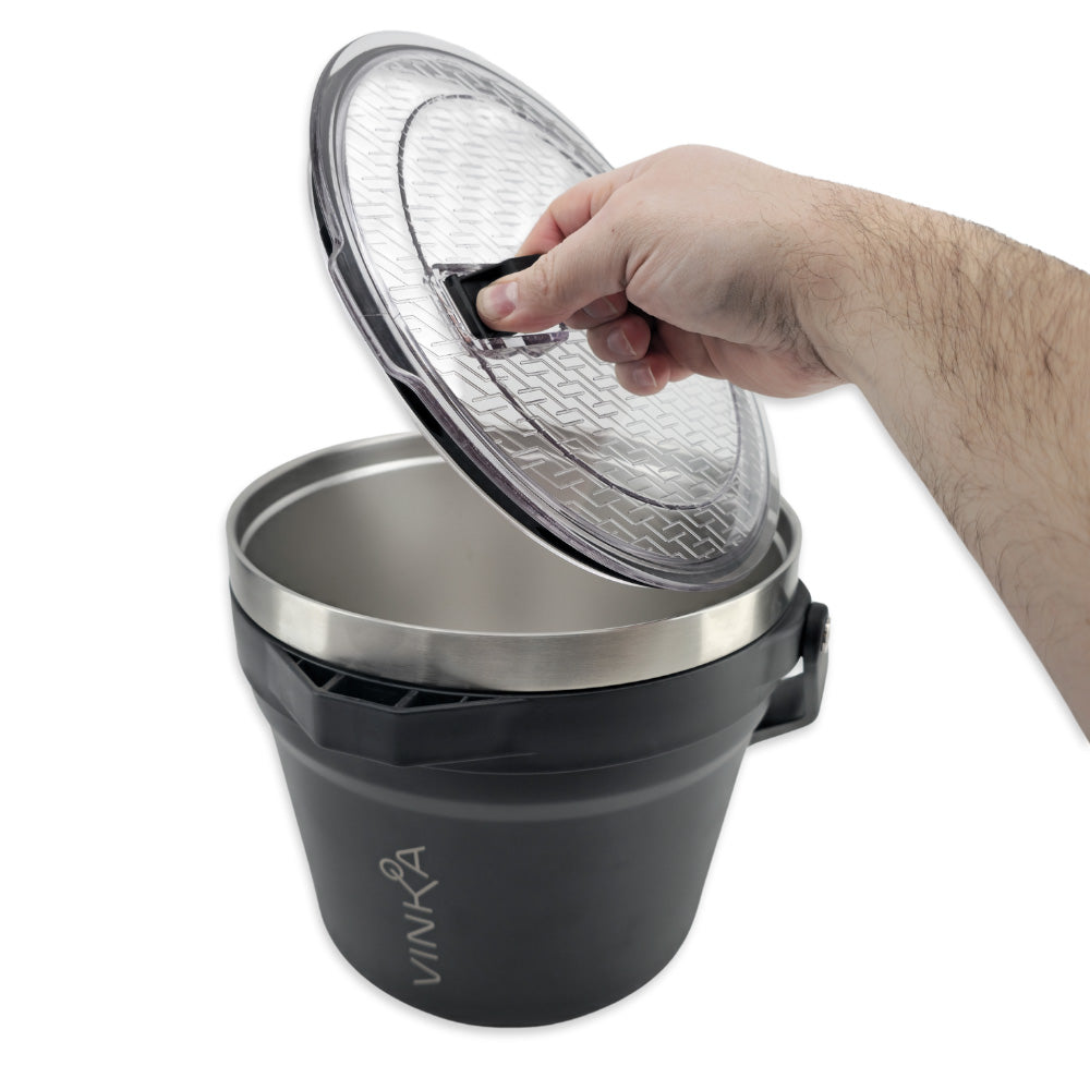 This durable beverage ice bucket is part of the ultra premium VINKA cocktail mixing setup. It is 100% Food Safe and will keep your Ice and beverages cold for hours upon hours.