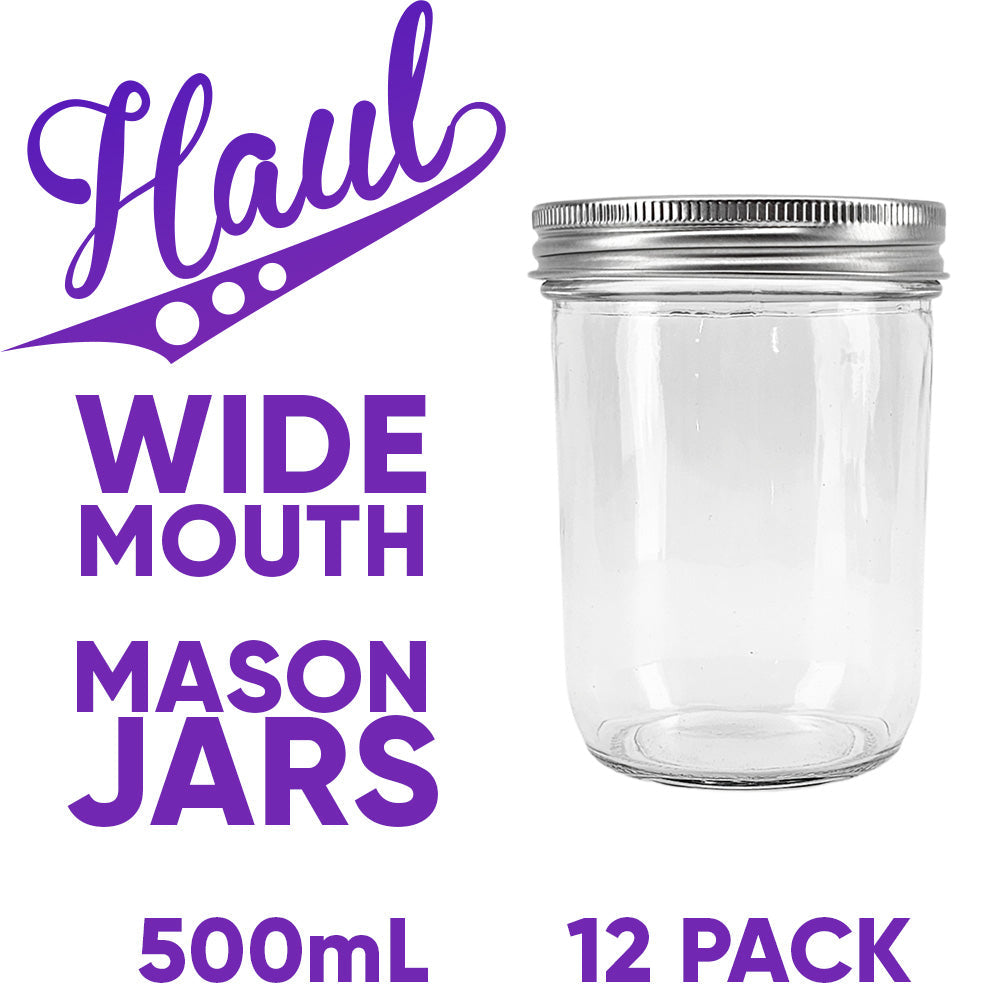 Haul Wide Mouth - 500mL - Pint Mason Jars & Lids - 12 Pack