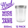 Haul Wide Mouth - 500mL - Pint Mason Jars & Lids - 12 Pack